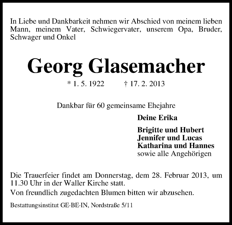 Traueranzeige von Georg Glasemacher von WESER-KURIER