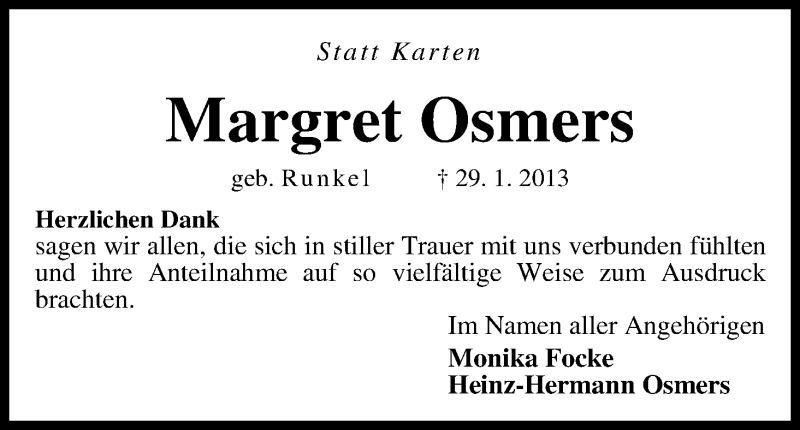 Traueranzeige von Margret Osmers von WESER-KURIER