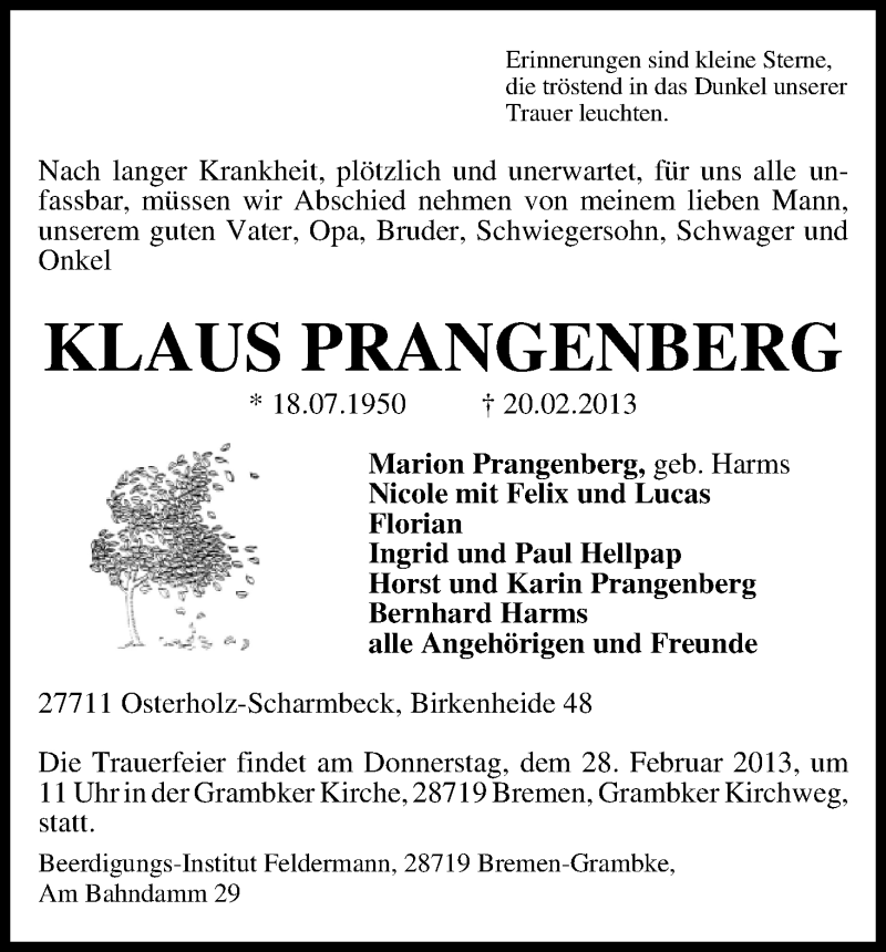  Traueranzeige für Klaus Prangenberg vom 23.02.2013 aus WESER-KURIER