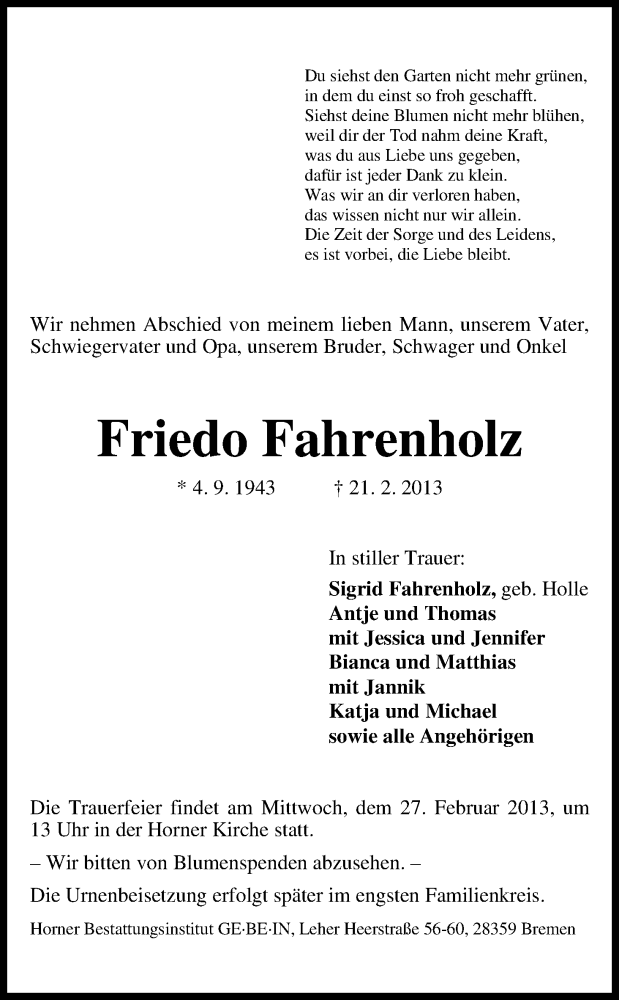 Traueranzeige von Friedo Fahrenholz von WESER-KURIER