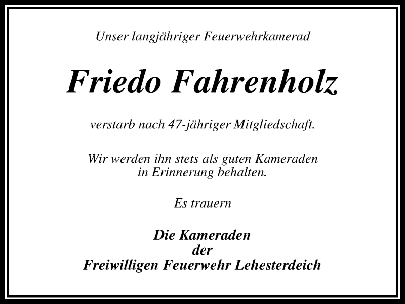 Traueranzeige von Friedo Fahrenholz von WESER-KURIER