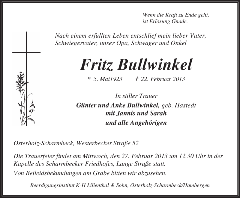 Traueranzeige von Fritz Bullwinkel von WESER-KURIER