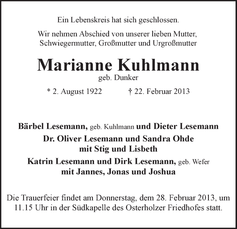 Traueranzeige von Marianne Kuhlmann von WESER-KURIER