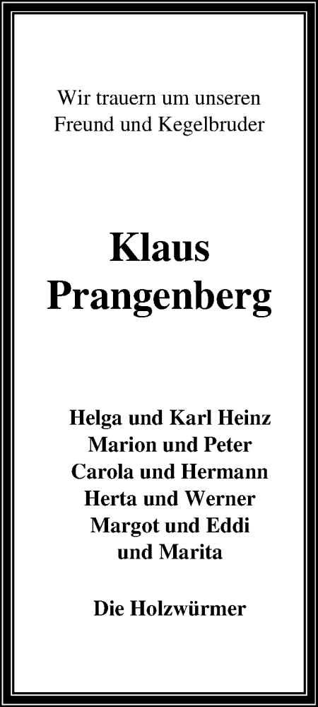  Traueranzeige für Klaus Prangenberg vom 25.02.2013 aus WESER-KURIER
