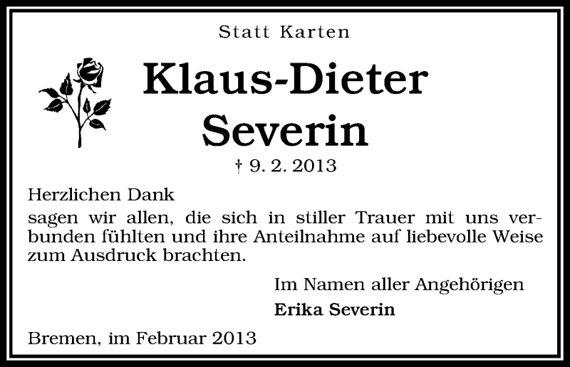 Traueranzeige von Klaus-Dieter Severin von WESER-KURIER