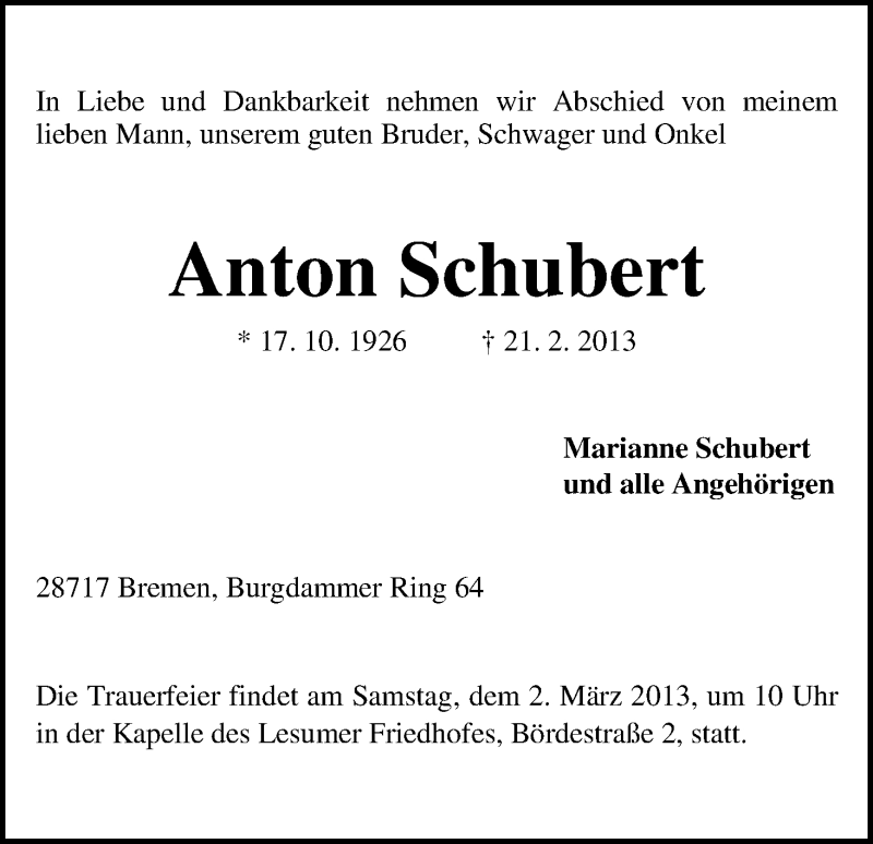 Traueranzeige von Anton Schubert von WESER-KURIER