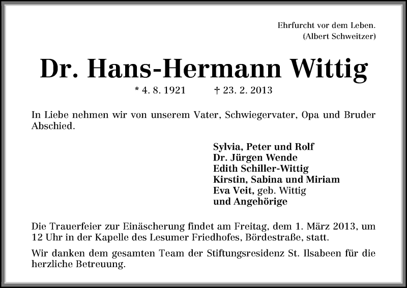 Traueranzeige von Hans-Hermann Wittig von WESER-KURIER