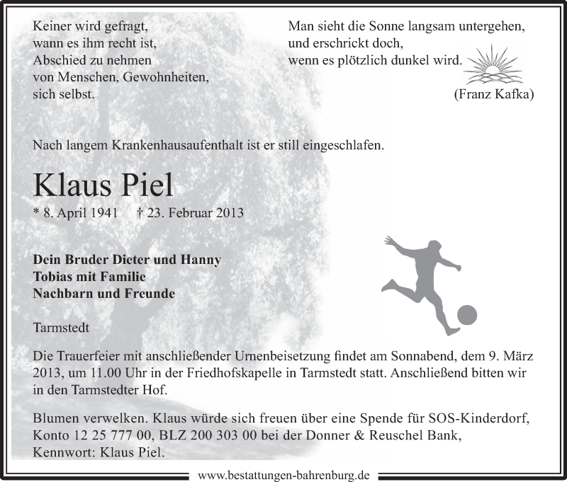 Traueranzeige von Klaus Piel von WESER-KURIER