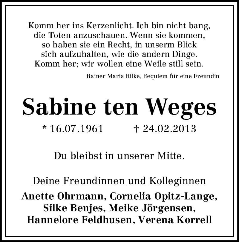  Traueranzeige für Sabine ten Weges vom 28.02.2013 aus WESER-KURIER