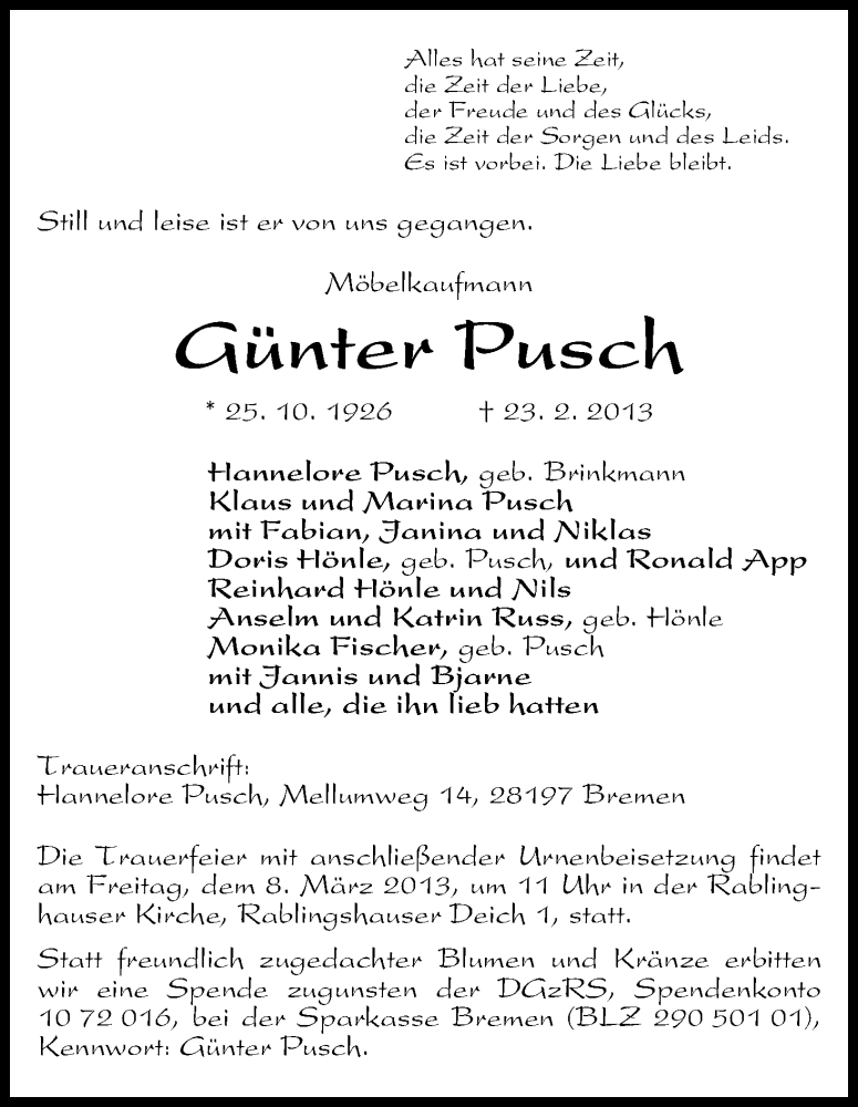 Traueranzeige von Günter Pusch von WESER-KURIER