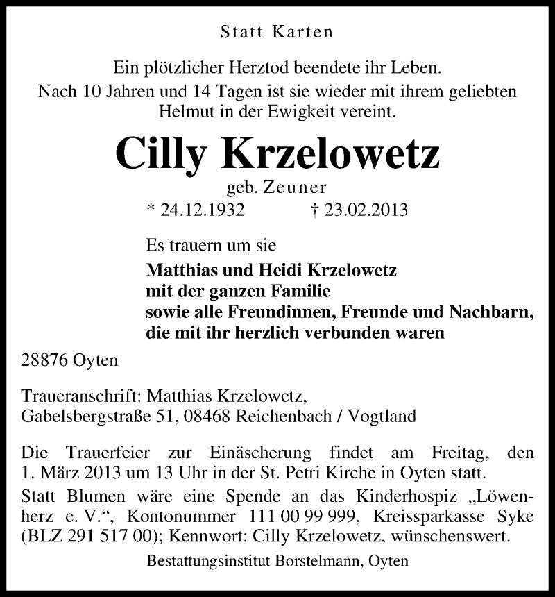 Traueranzeige von Cilly Krzelowetz von WESER-KURIER