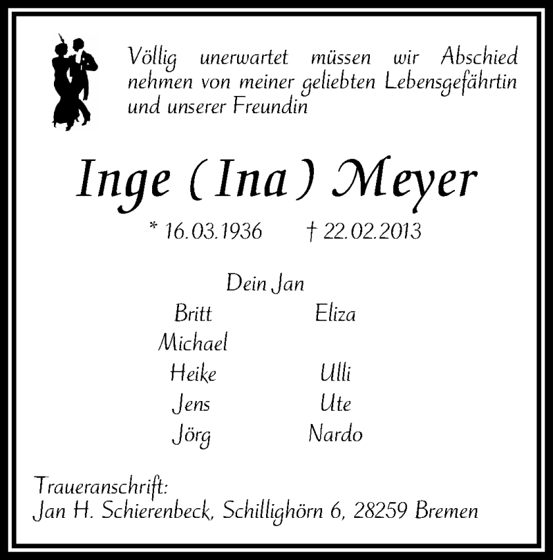 Traueranzeige von Inge Meyer von WESER-KURIER