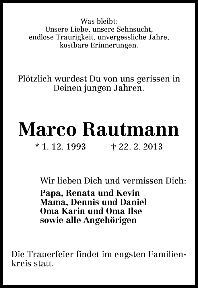  Traueranzeige für Marco Rautmann vom 27.02.2013 aus WESER-KURIER