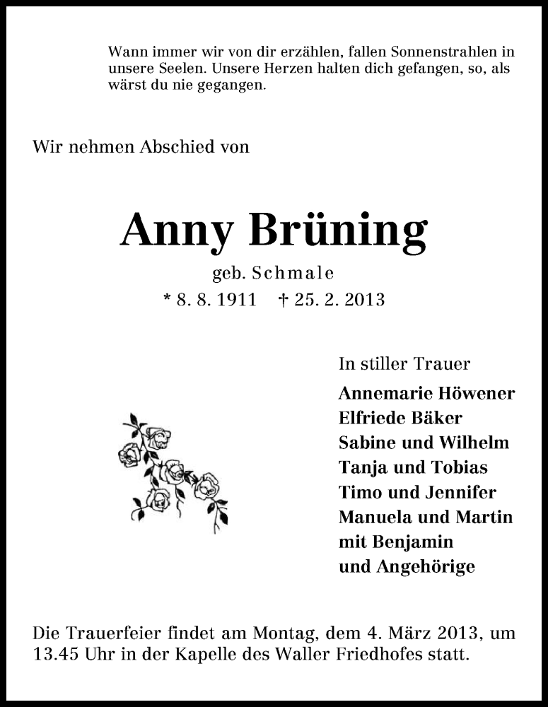 Traueranzeige von Anny Brüning von WESER-KURIER