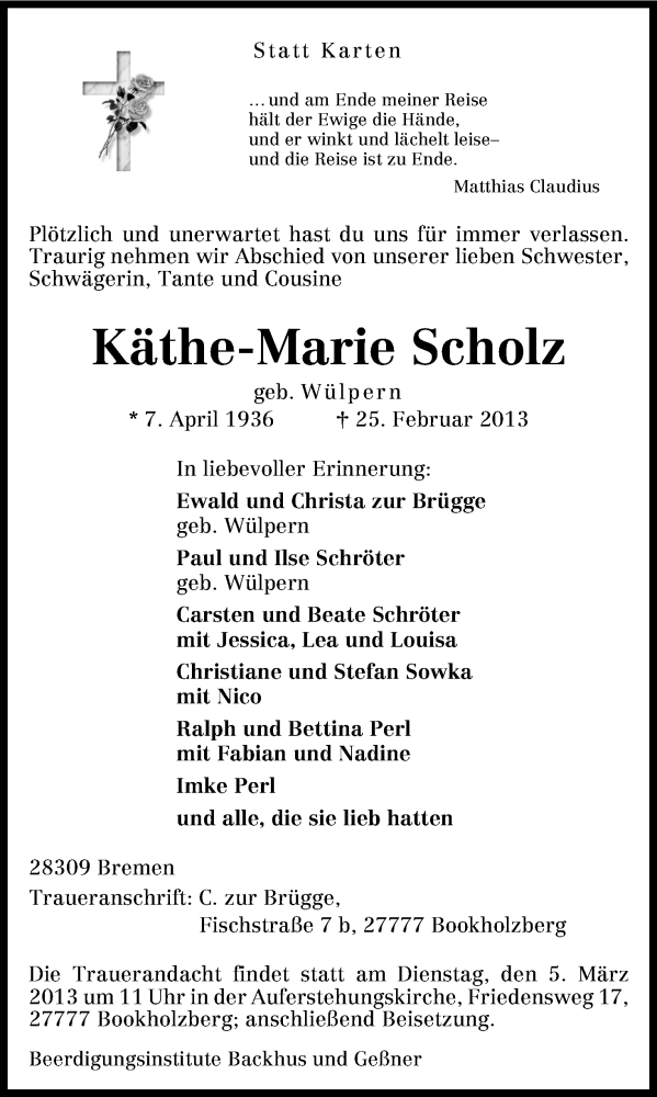 Traueranzeige von Käthe-Marie Scholz von WESER-KURIER