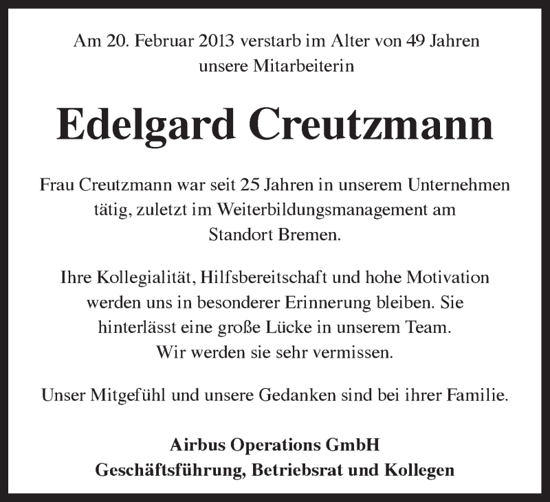  Traueranzeige für Edelgard Creutzmann vom 28.02.2013 aus WESER-KURIER