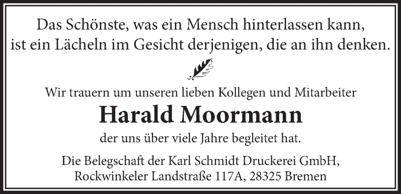 Traueranzeige von Harald Moormann von WESER-KURIER