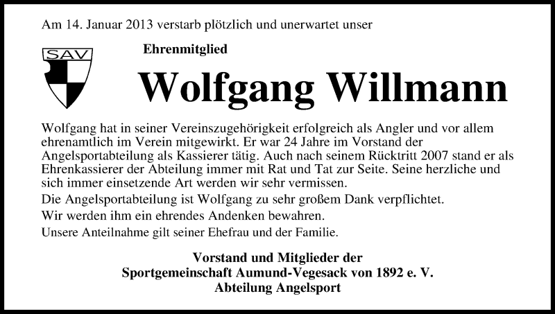  Traueranzeige für Wolfgang Willmann vom 02.03.2013 aus WESER-KURIER