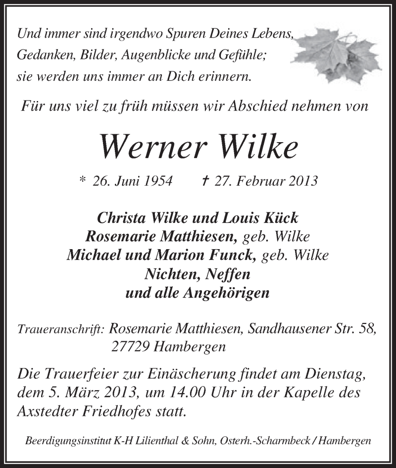 Traueranzeige von Werner Wilke von WESER-KURIER