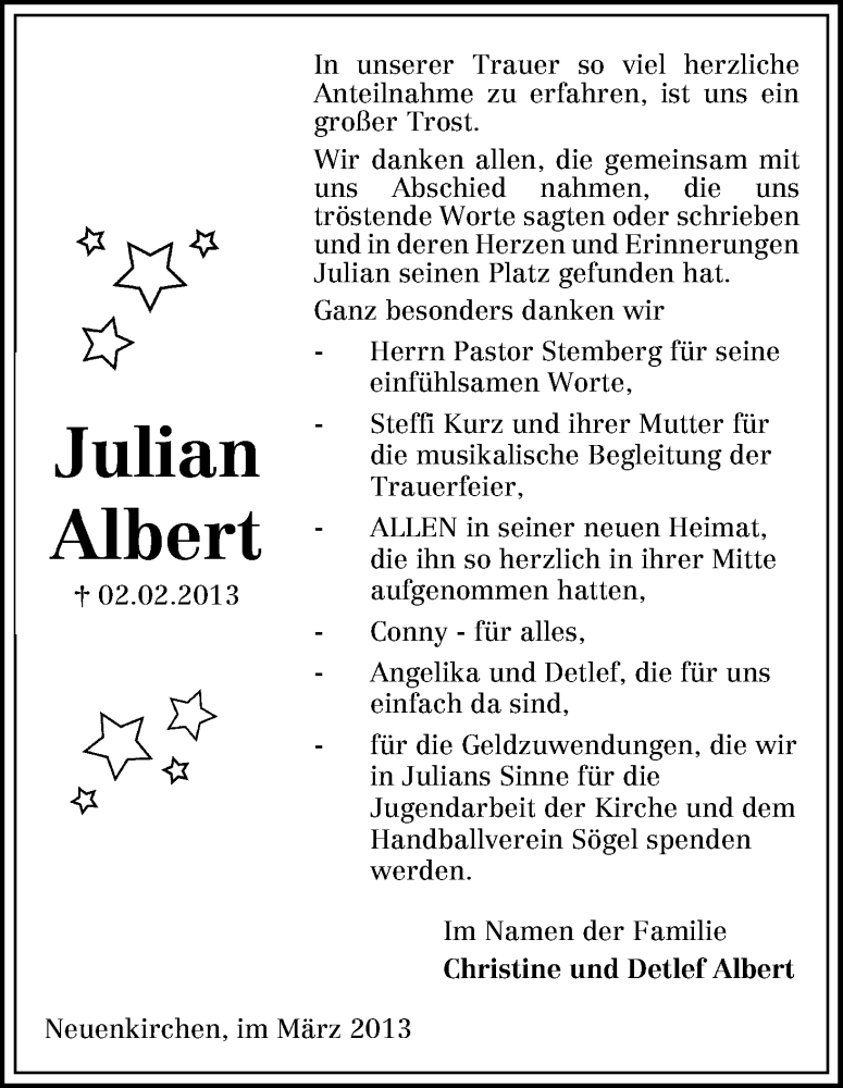  Traueranzeige für Julian Albert vom 02.03.2013 aus WESER-KURIER