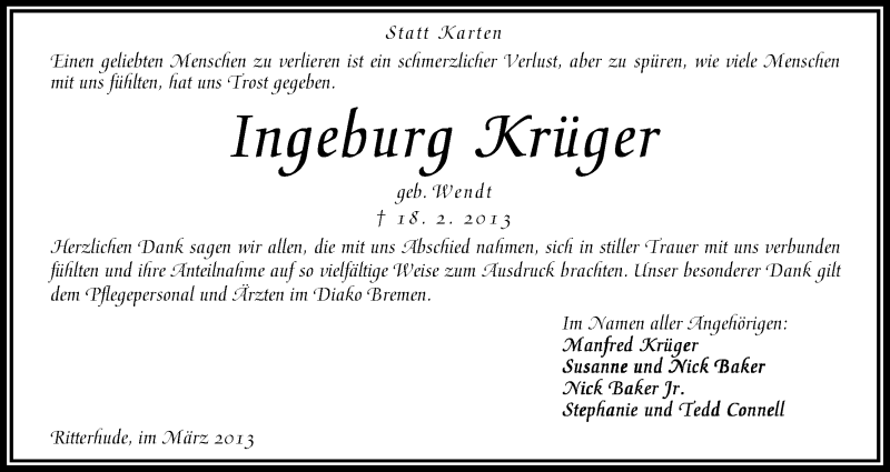 Traueranzeige von Ingeburg Krüger von WESER-KURIER