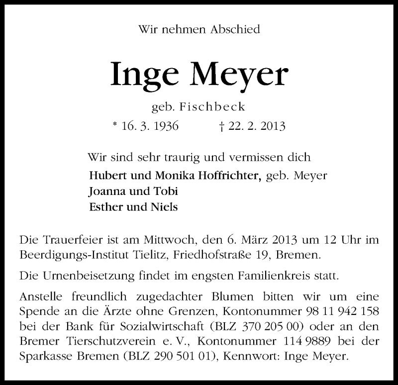 Traueranzeige von Inge Meyer von WESER-KURIER