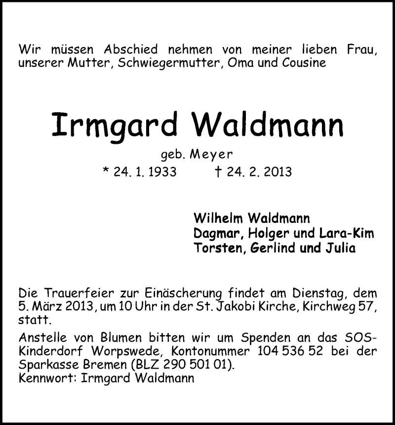 Traueranzeige von Irmgard Waldmann von WESER-KURIER