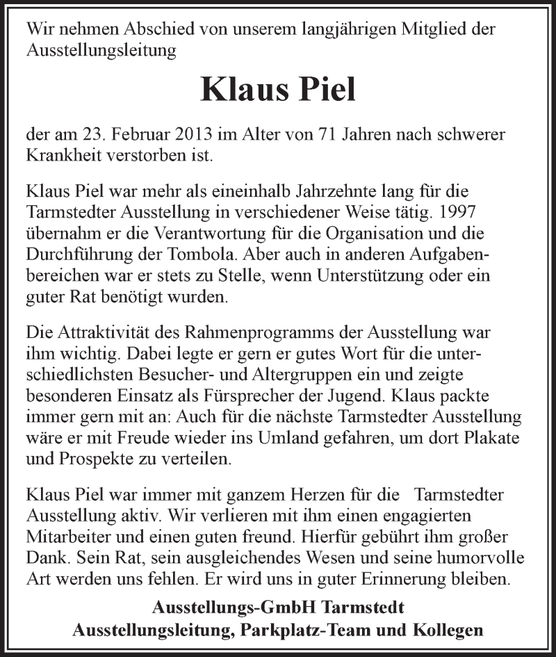 Traueranzeige von Klaus Piel von WESER-KURIER