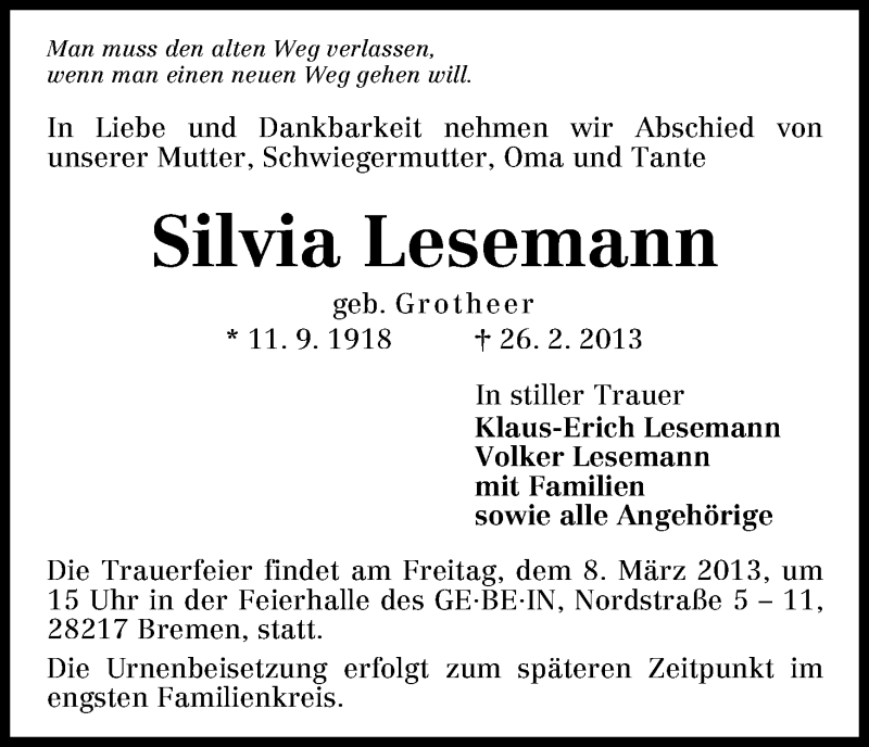Traueranzeige von Silvia Lesemann von WESER-KURIER