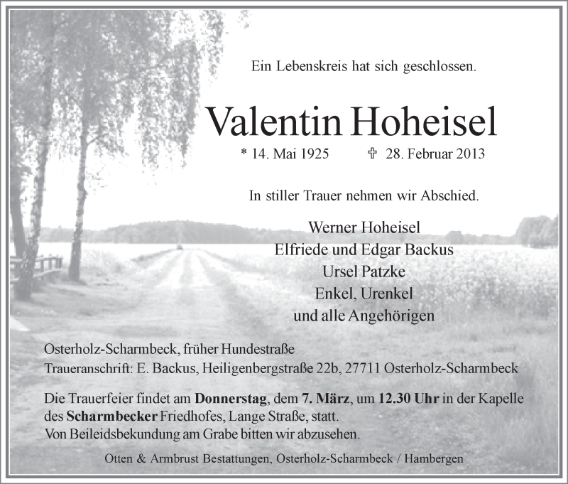 Traueranzeige von Valentin Hoheisel von WESER-KURIER