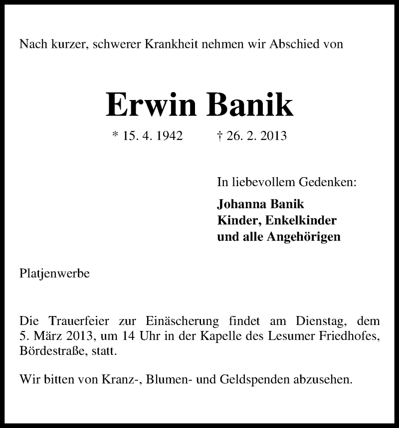 Traueranzeige von Erwin Banik von WESER-KURIER