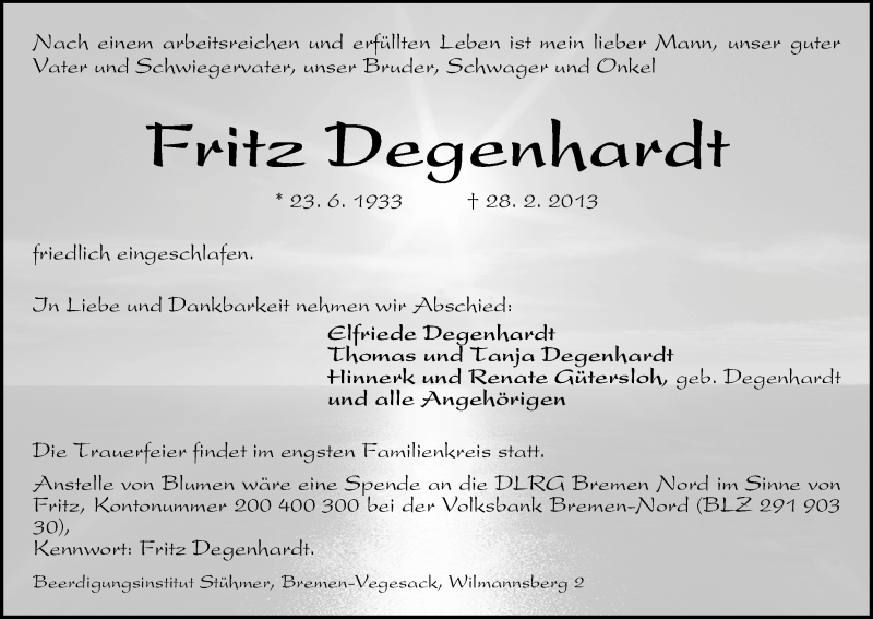 Traueranzeige von Fritz Degenhardt von WESER-KURIER