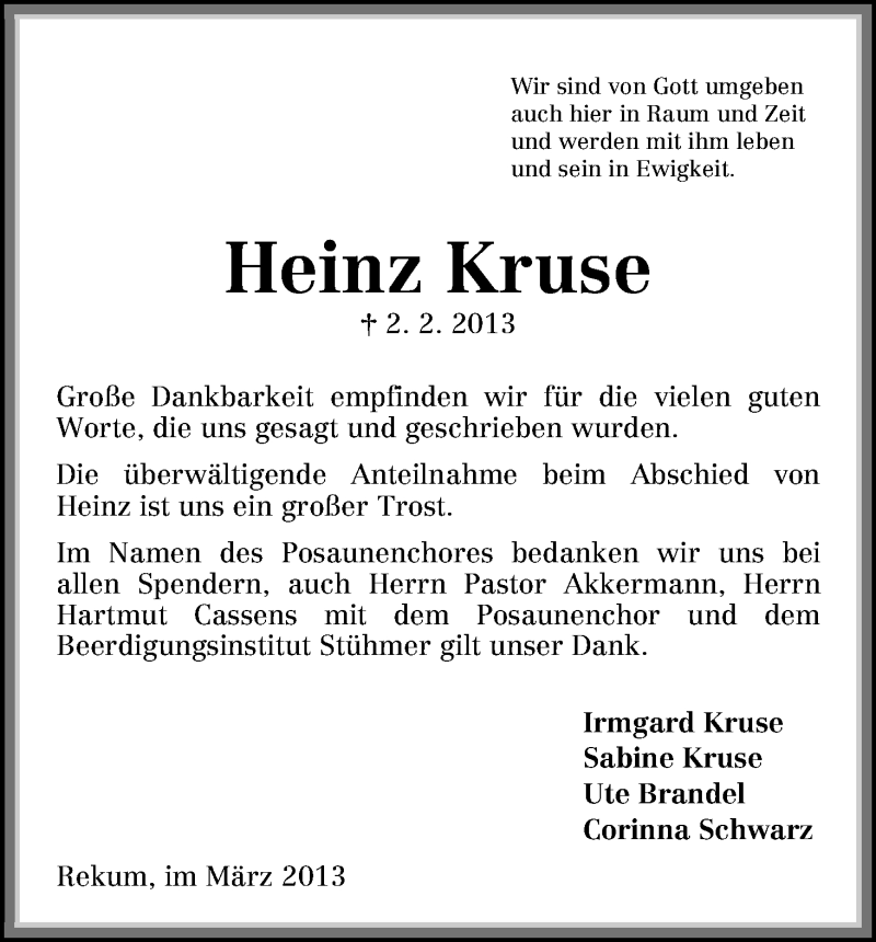  Traueranzeige für Heinz Kruse vom 02.03.2013 aus WESER-KURIER