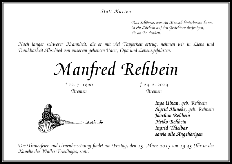 Traueranzeige von Manfred Rehbein von WESER-KURIER