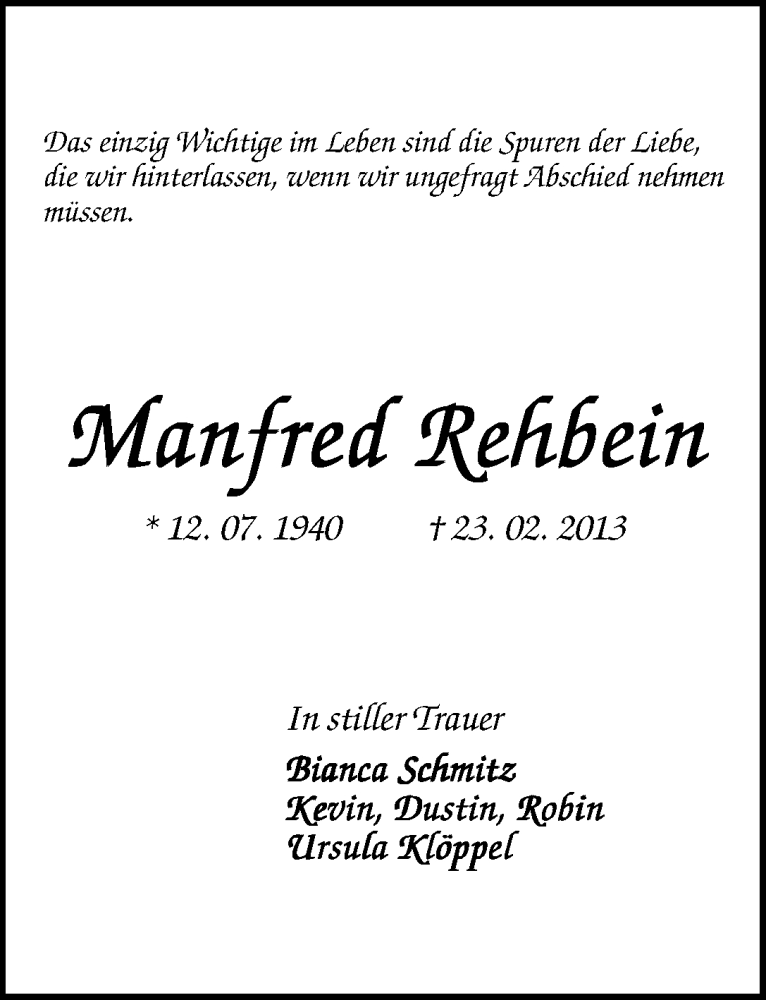 Traueranzeige von Manfred Rehbein von WESER-KURIER