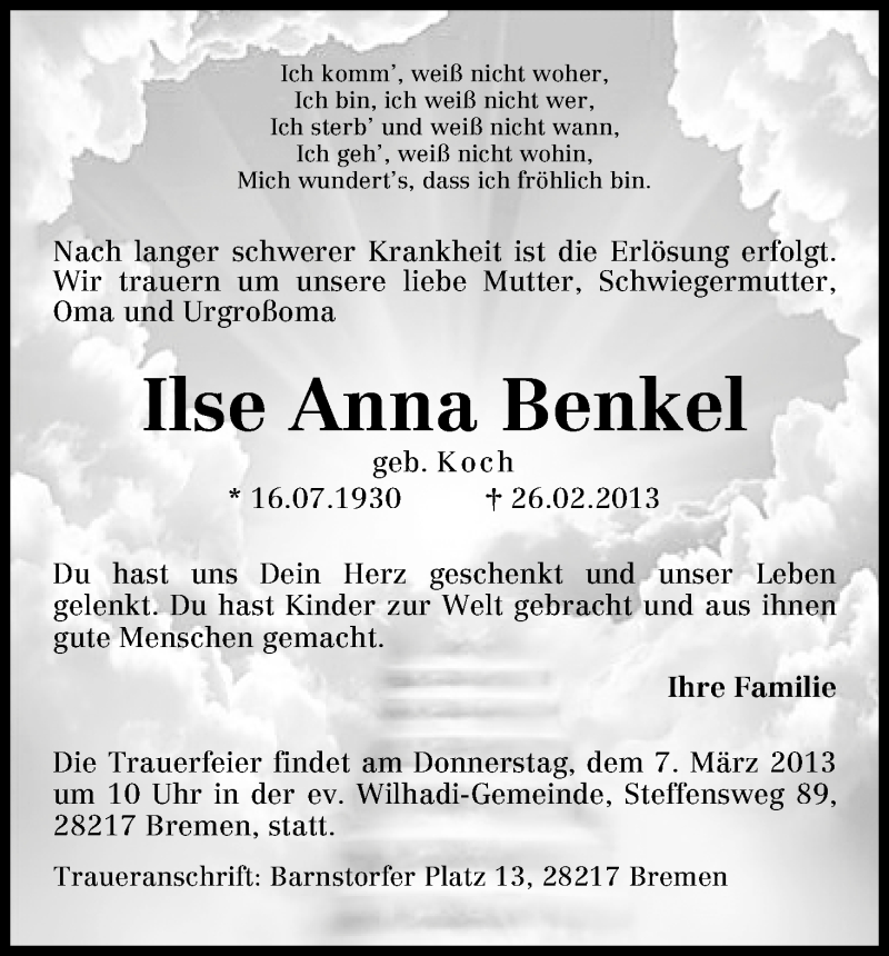 Traueranzeige von Ilse Anna Benkel von WESER-KURIER
