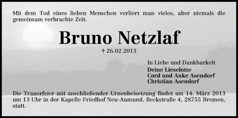  Traueranzeige für Bruno Netzlaf vom 06.03.2013 aus WESER-KURIER