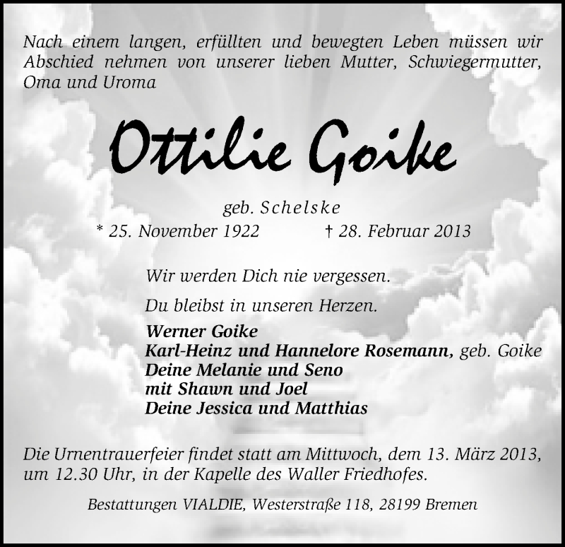  Traueranzeige für Ottilie Goike vom 02.03.2013 aus WESER-KURIER