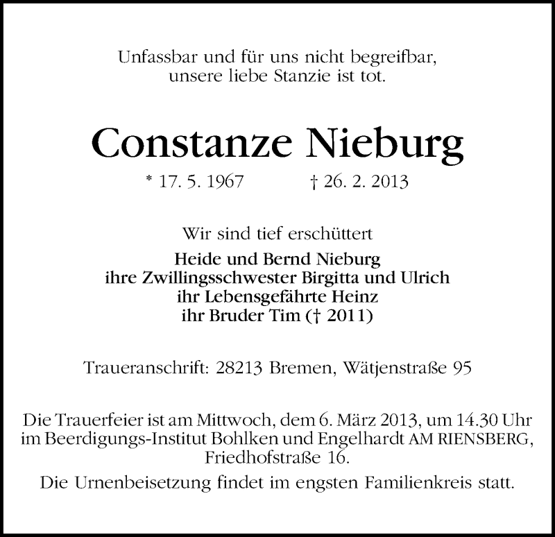 Traueranzeige von Constanze Nieburg von WESER-KURIER
