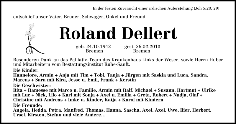 Traueranzeige von Roland Dellert von WESER-KURIER