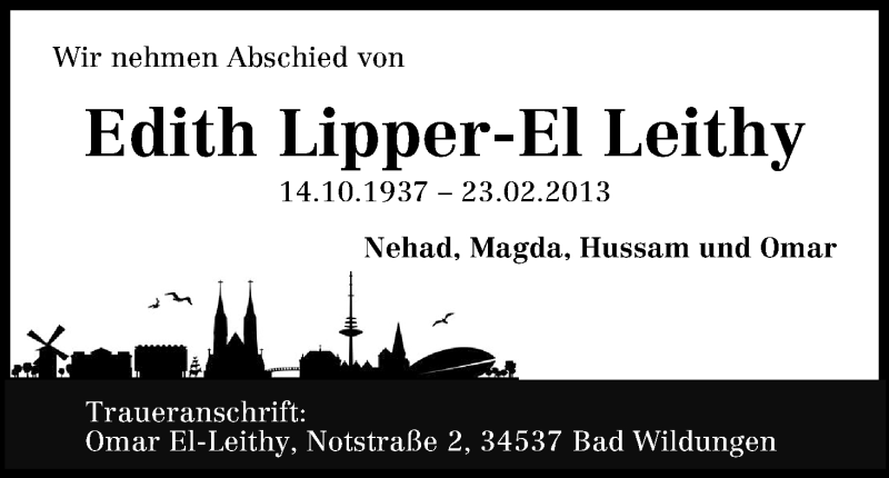 Traueranzeige von Edith Lipper-El Leithy von WESER-KURIER
