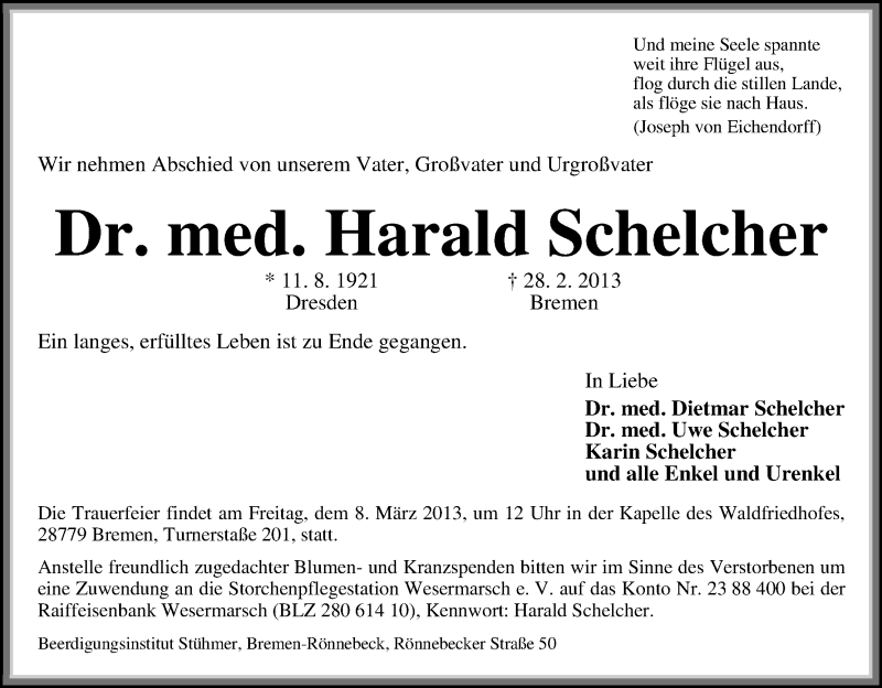 Traueranzeige von Harald Schelcher von WESER-KURIER