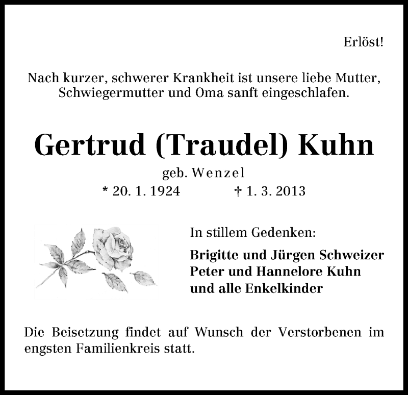  Traueranzeige für Gertrud Kuhn vom 06.03.2013 aus WESER-KURIER