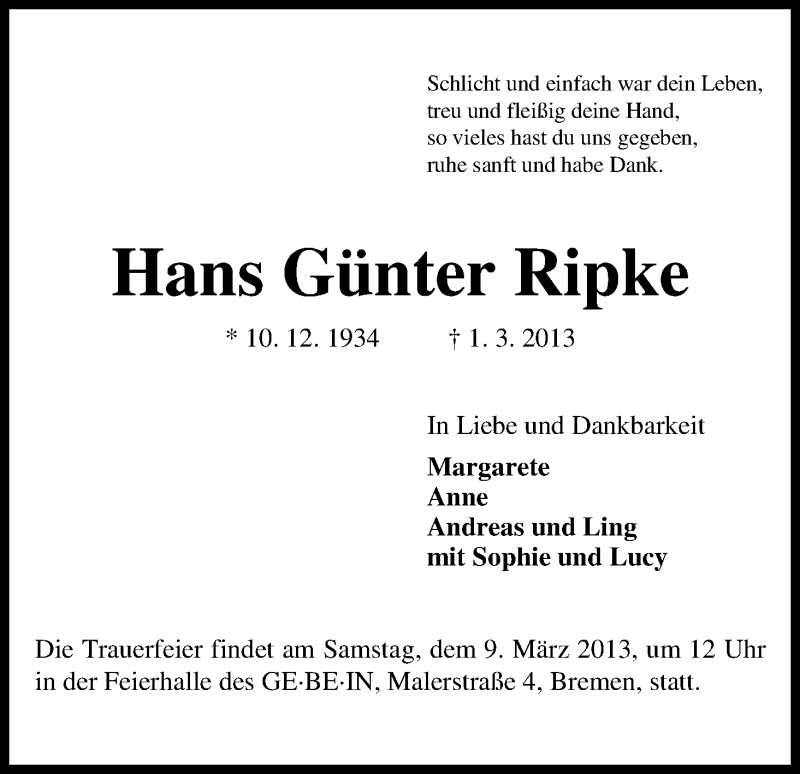 Traueranzeige von Hans Günter Ripke von WESER-KURIER