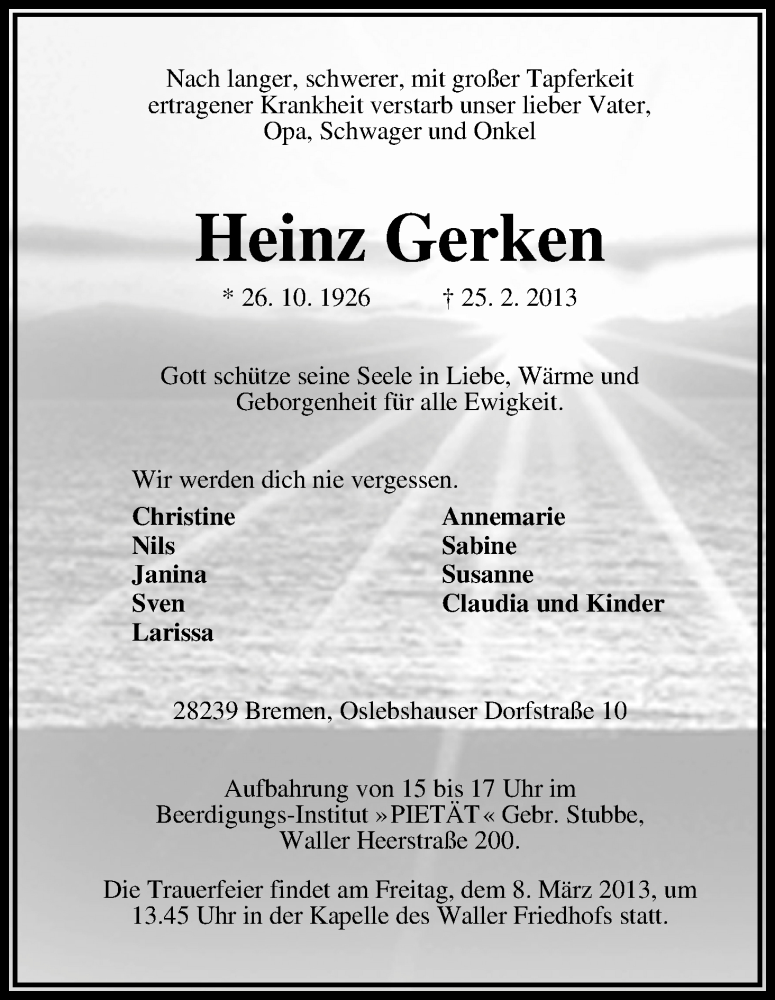 Traueranzeige von Heinz Gerken von WESER-KURIER