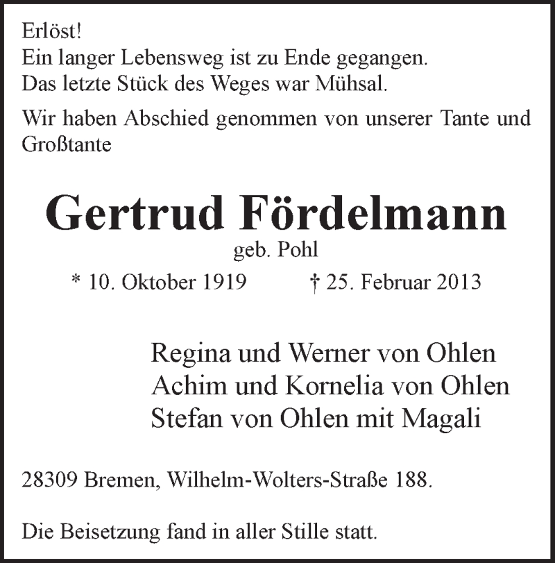 Traueranzeige von Gertrud Fördelmann von WESER-KURIER