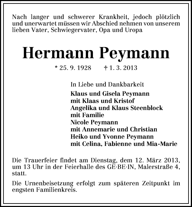 Traueranzeige von Hermann Peymann von WESER-KURIER