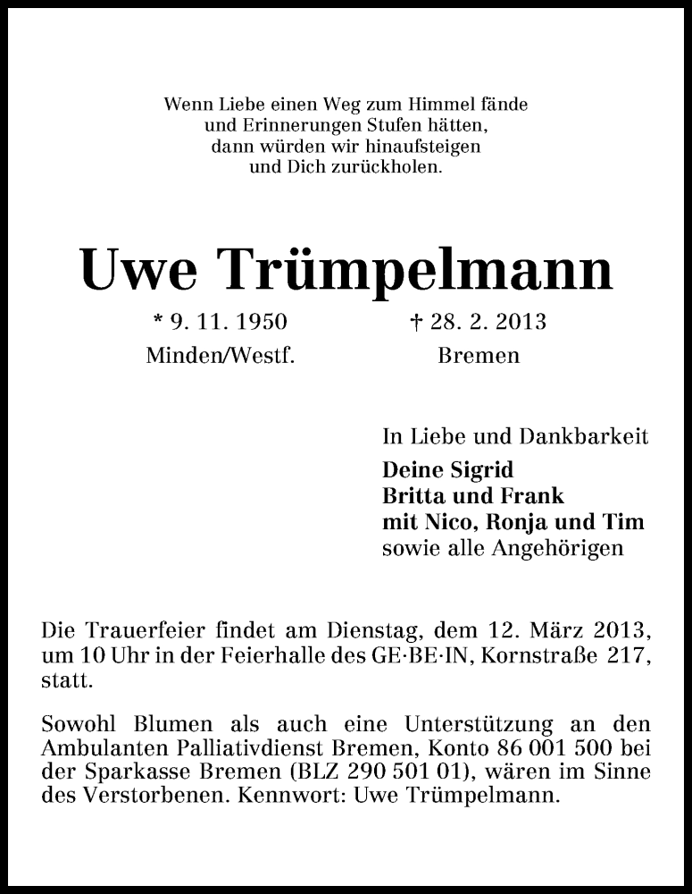  Traueranzeige für Uwe Trümpelmann vom 07.03.2013 aus WESER-KURIER