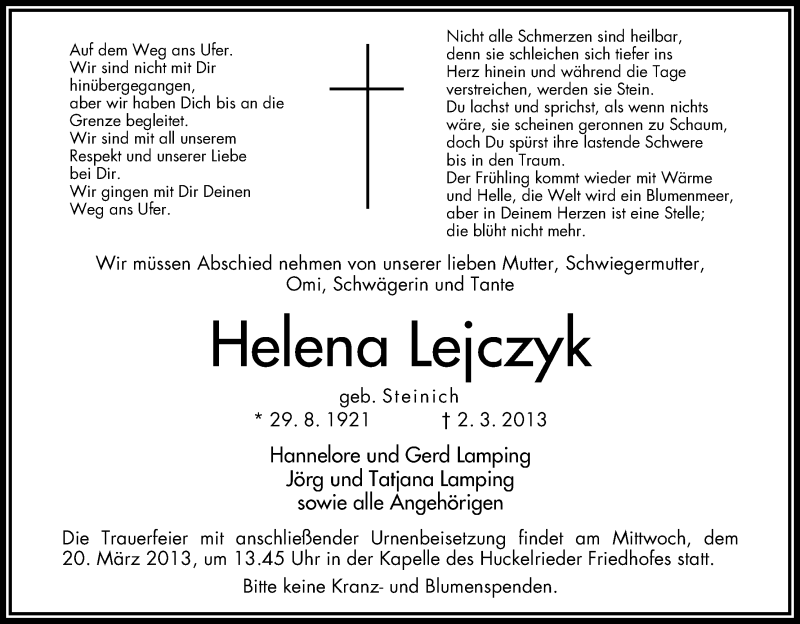Traueranzeige von Helena Lejczyk von WESER-KURIER