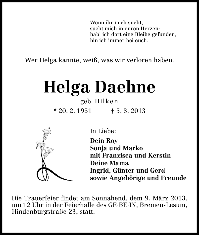 Traueranzeige von Helga Daehne von WESER-KURIER